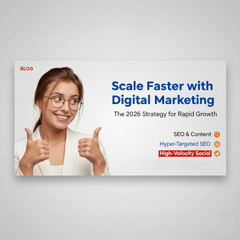 A professional blog header featuring a smiling woman with glasses giving two thumbs up. The headline reads "Scale Faster with Digital Marketing: The 2026 Strategy for Rapid Growth." Icons and text below highlight key services: Hyper-Targeted SEO, High-Velocity Social, and Precision PPC & AI Analytics.